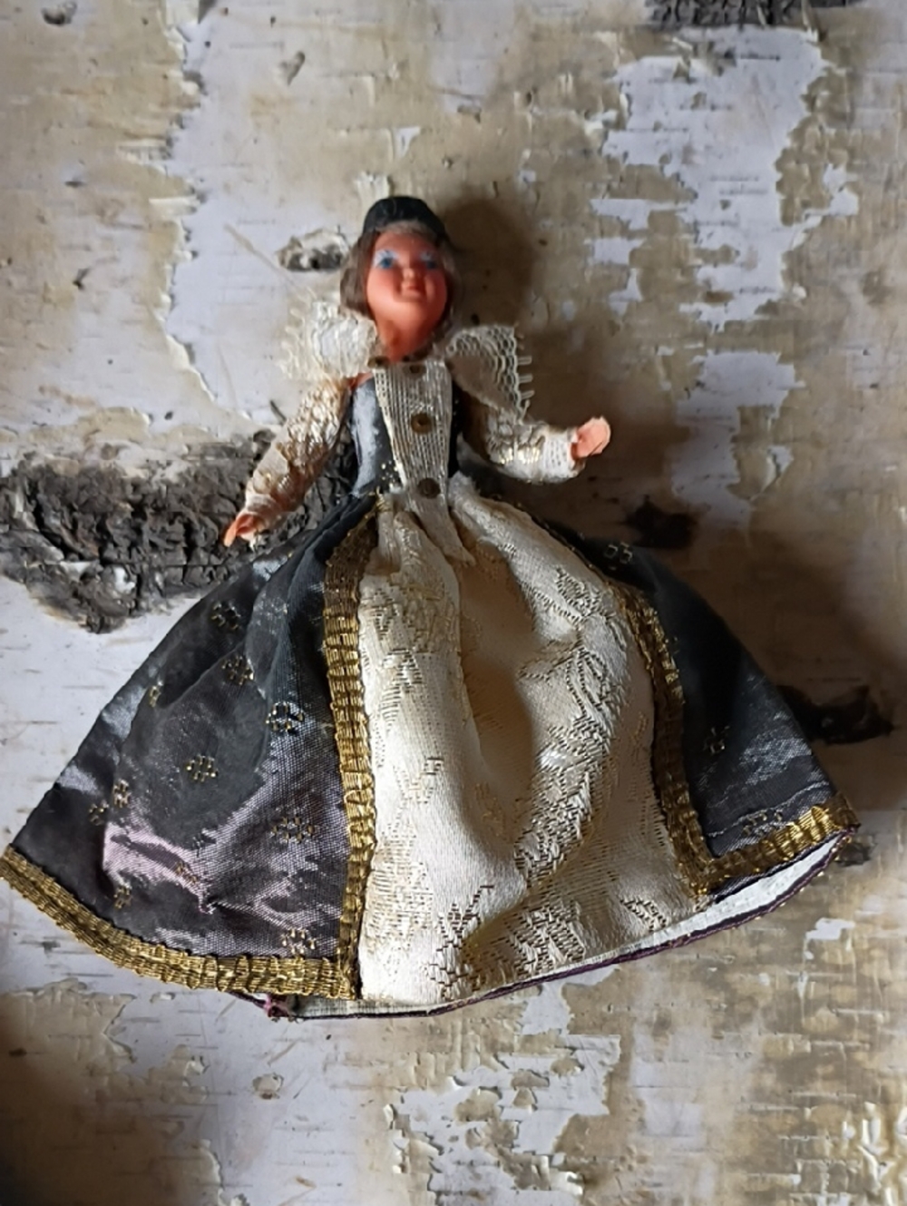Vintage-style Doll in Black and Cream Brocade Dress